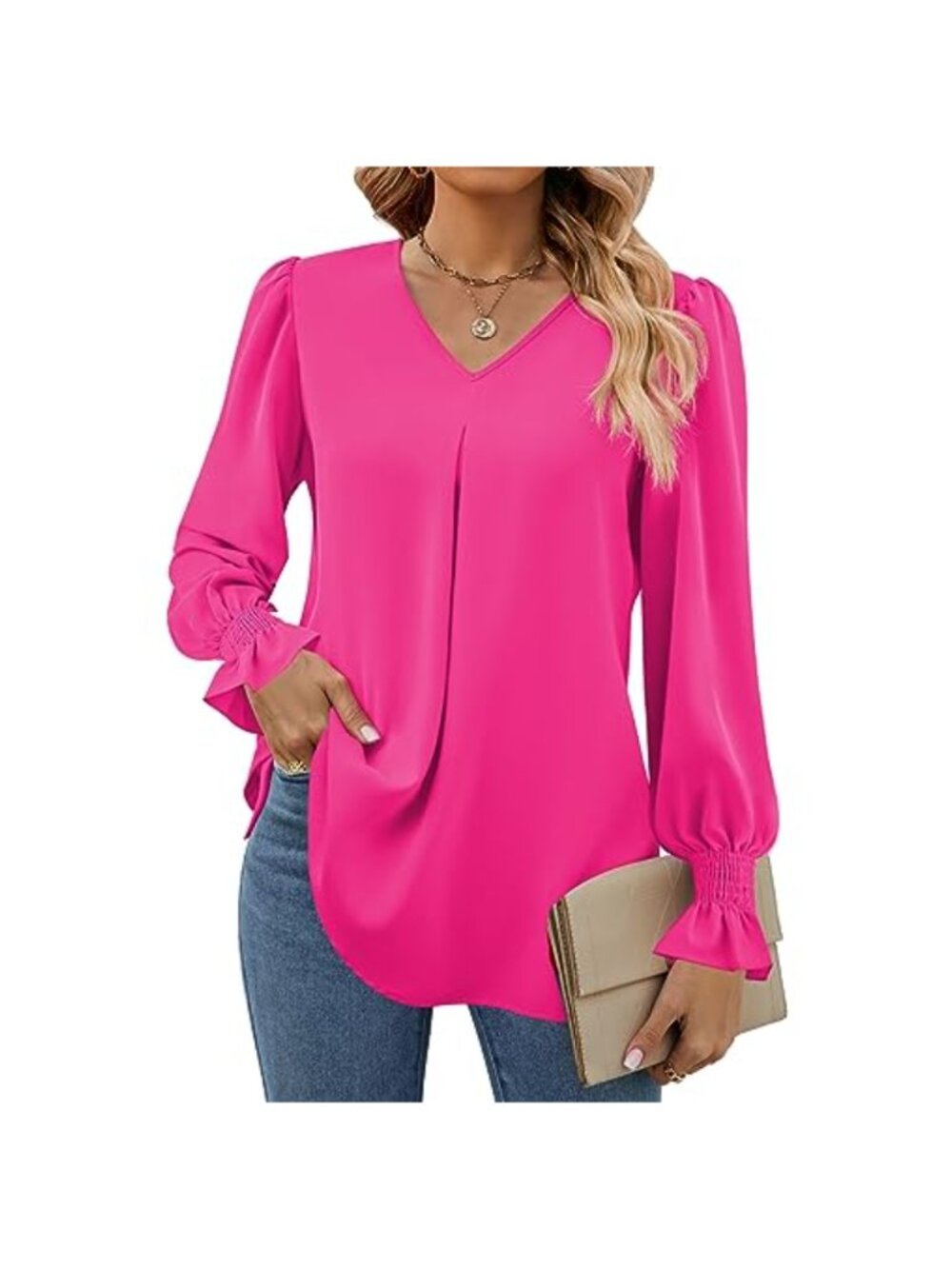 Womens Chiffon Tunic Blouse V Neck Long Sleeve Ruffle Cuff